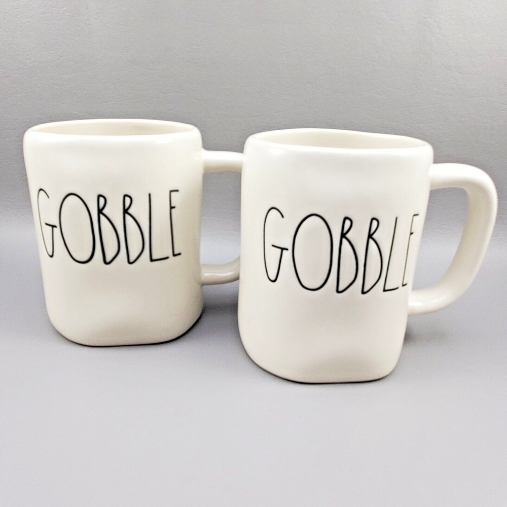 Rae Dunn Magenta GOBBLE Coffee Mugs Set of 2 Thanksgiving Fall Autumn Pottery